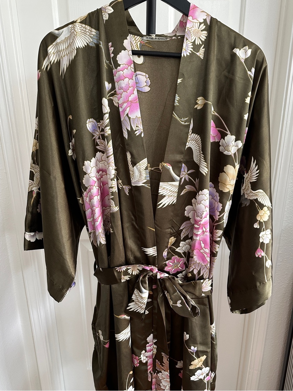 EUC KIM + ONO Kimono-Style Satin Robe - Olive with Pink Floral